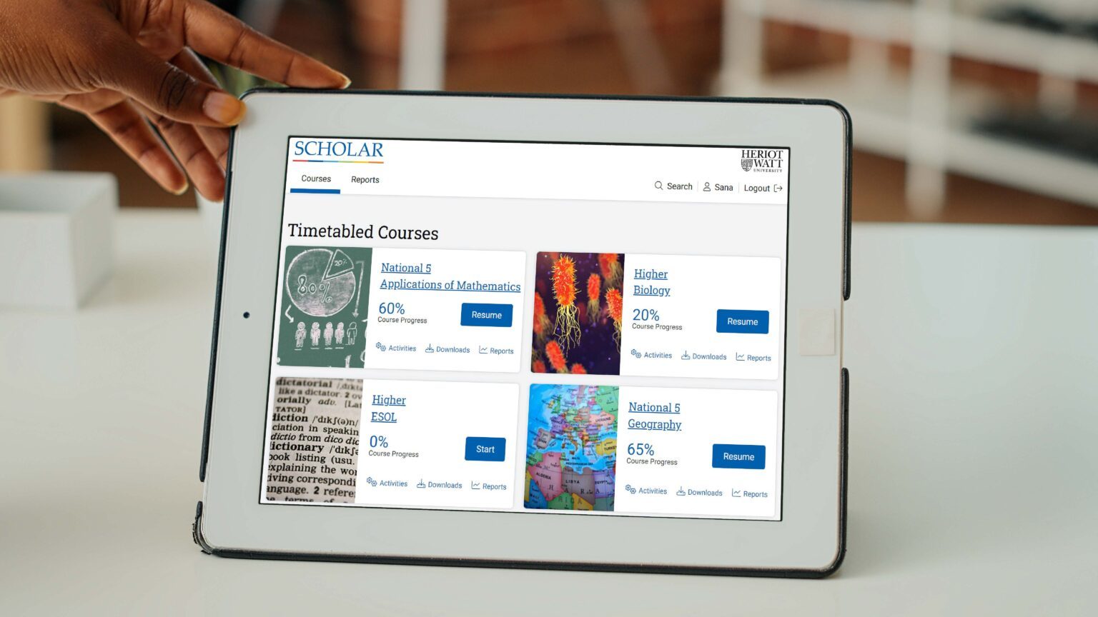 Tablet device showing Scholar courses page