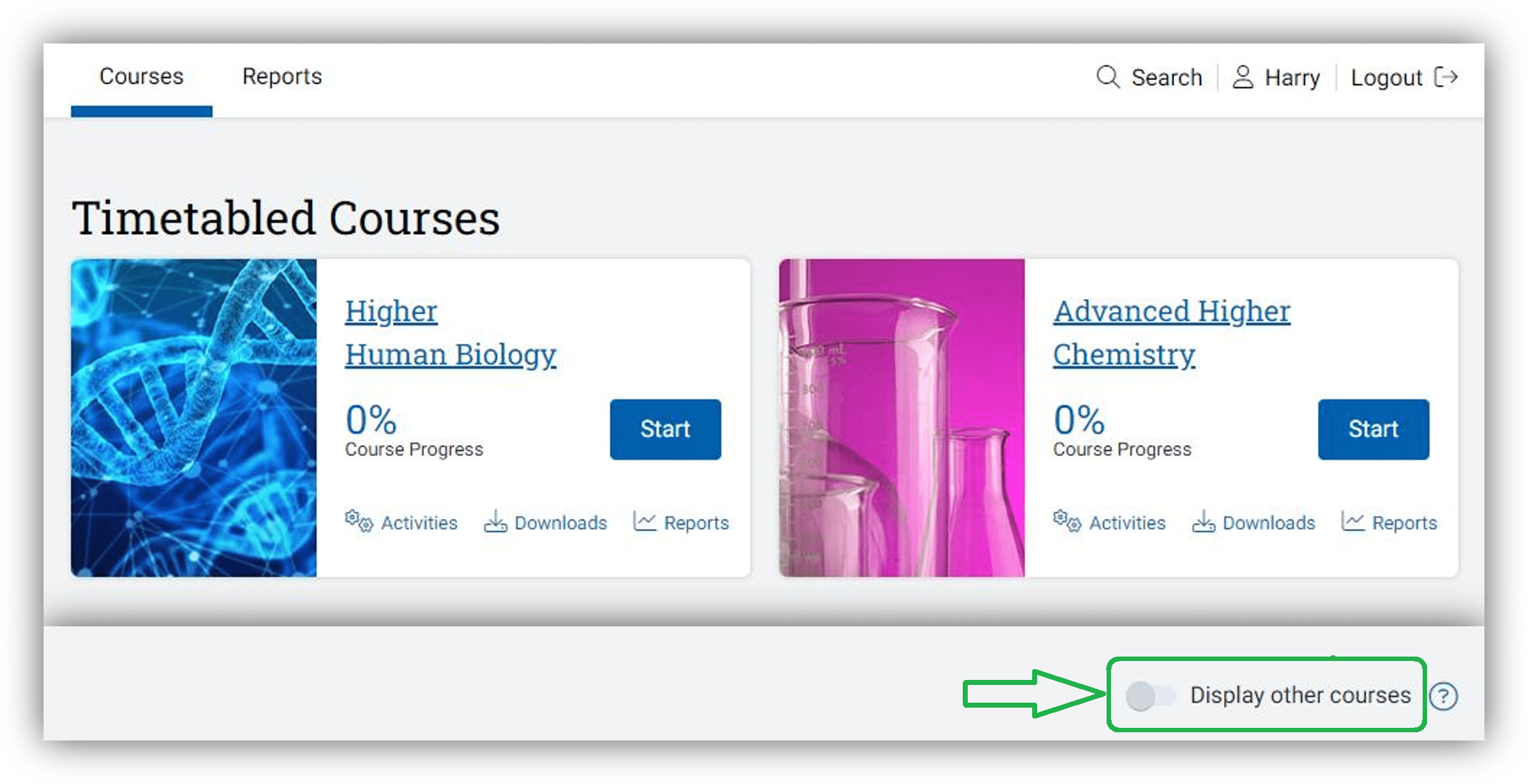 Screenshot of student homepage with display other courses toggle highlighted